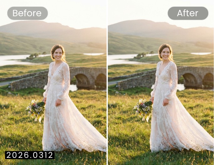 Fotor watermark remover before vs after date stamp on a portrait photo