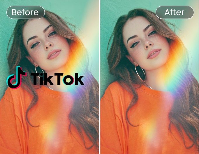 Fotor watermark remover before vs after logo on a girl photo