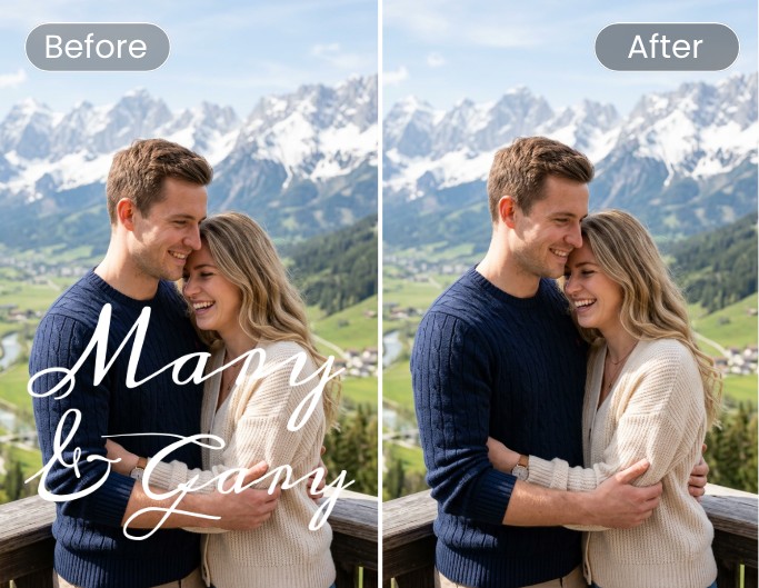 Fotor watermark remover before vs after signature on a couple photo