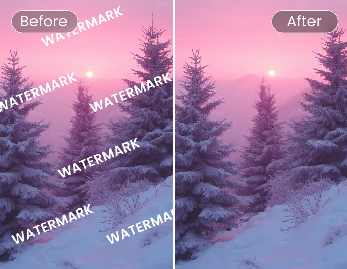 Fotor watermark remover before vs after tiled watermark on a landscape