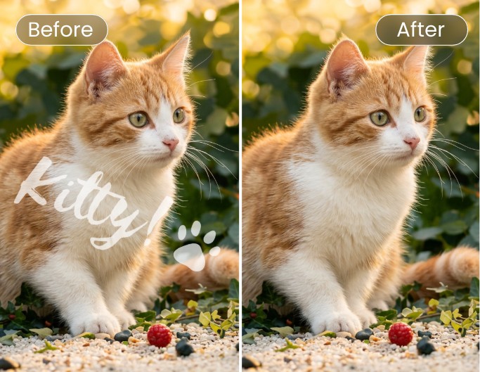 Fotor watermark remover before vs after transparent watermark on a kitten picture
