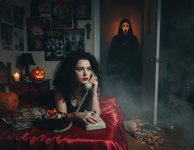 Générer une image d'Halloween avec Ghostface derrière une femme