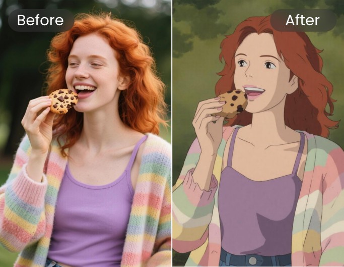 Ghibli style anime before and after comparison on a woman