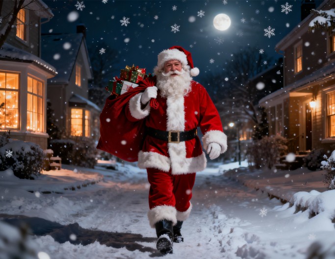 Der Weihnachtsmann liefert Geschenke in der Nacht