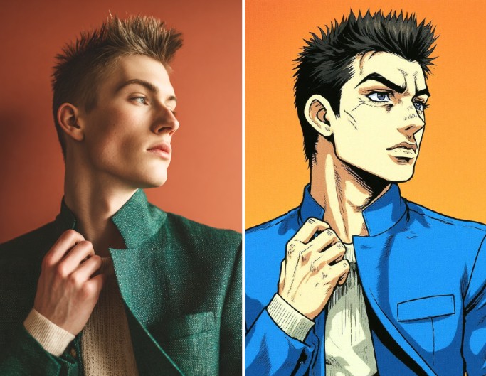 Originales Bild und Cartoon-Bild eines Manns mit intensivem Blick im Jojo-Stil