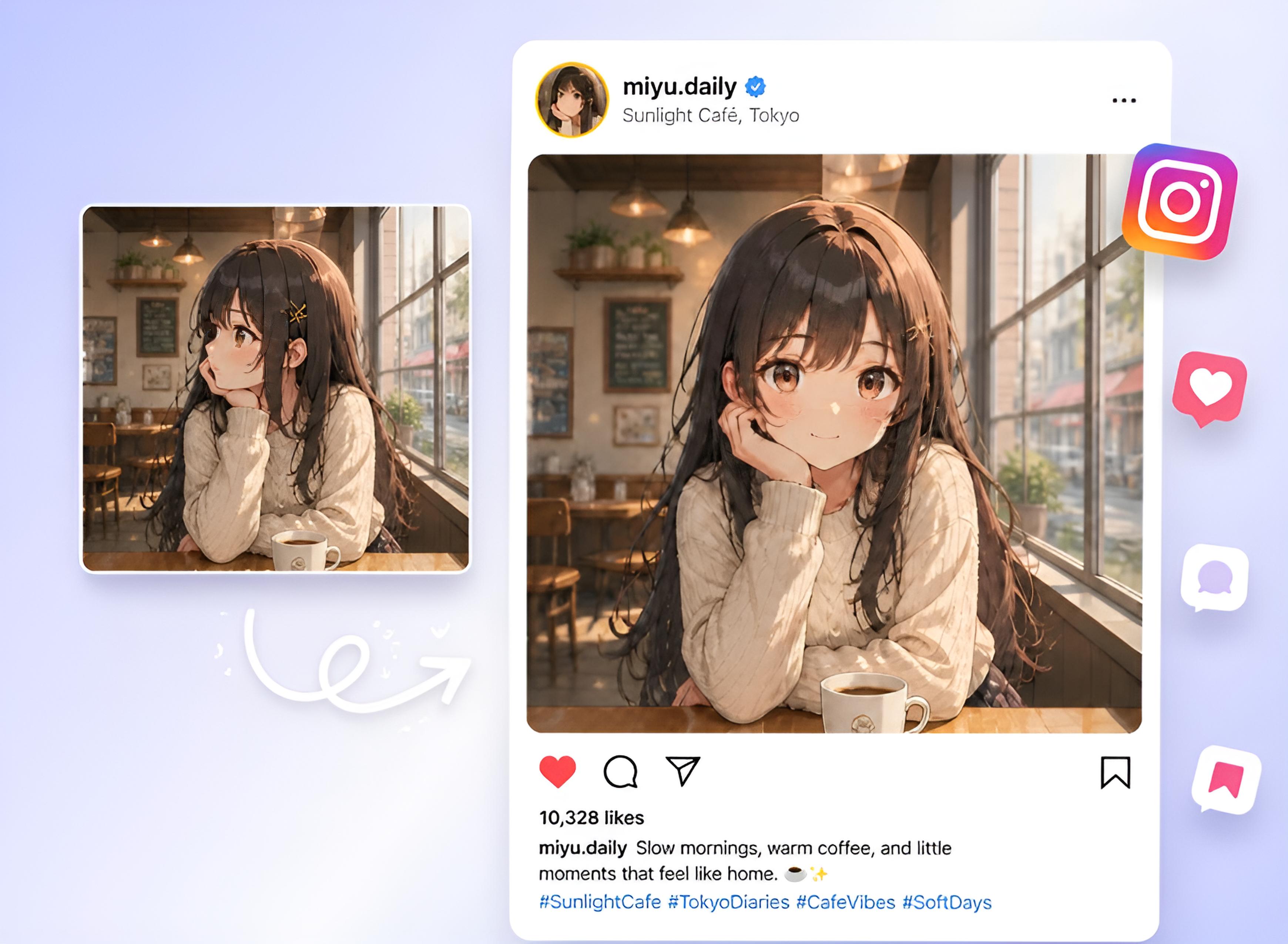 Improve the eye gaze of an anime girl in a photo and share the edited image in social media fotor enhance