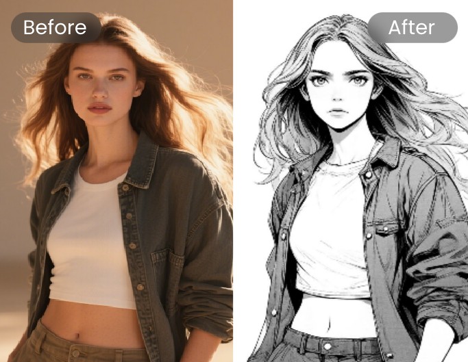 Line drawing manga anime before and after comparison on a woman