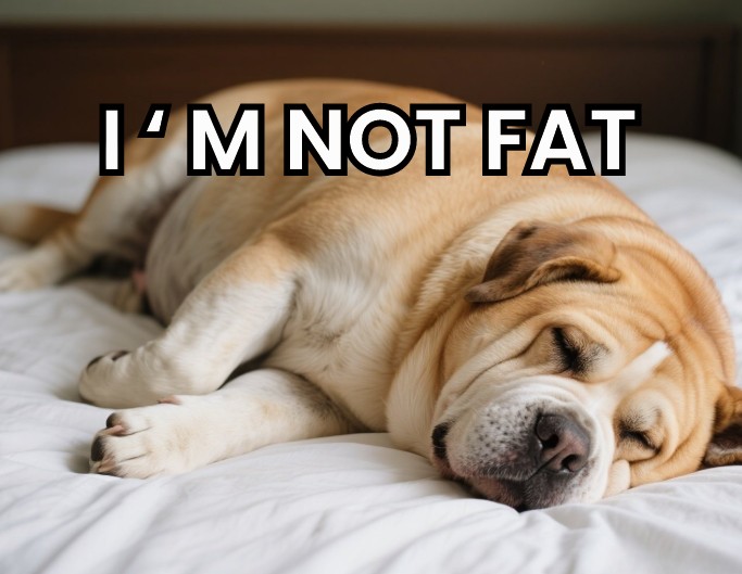 Make a meme using a photo of a dog after being made fat