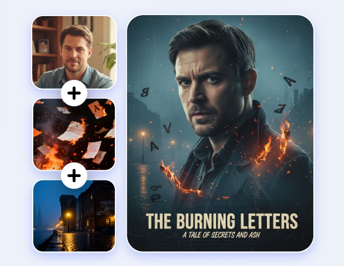 Merge images into a story featuring a man in a night city surrounding with burning letters