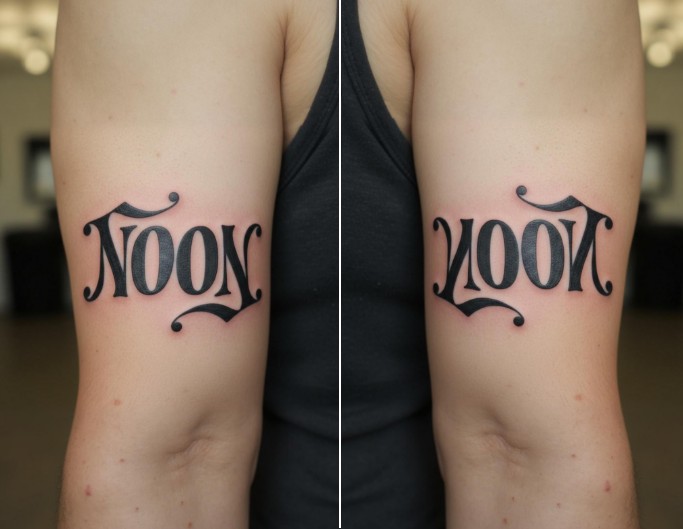 Mirror image ambigram tattoo with the word noon