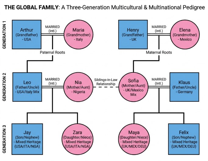 Multicultural transnational family genogram