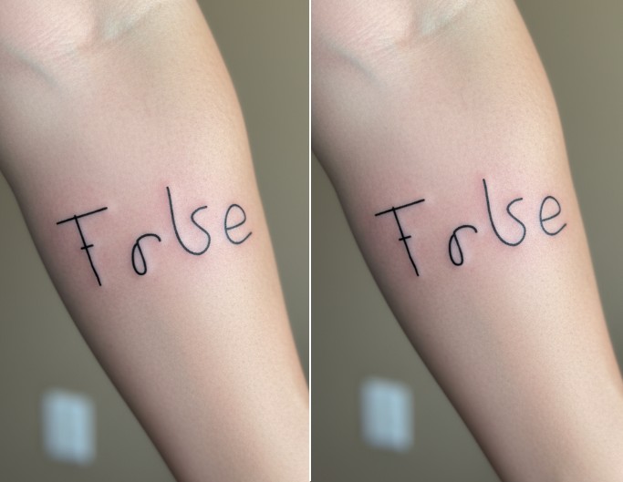 Perceptual shift ambigram tattoo with words true and false