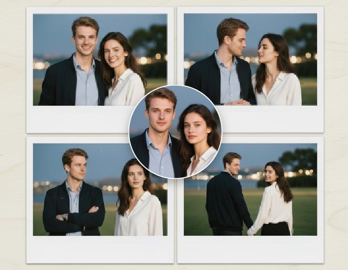 Photo grid maker for a nostalgic Polaroid album of a young couple