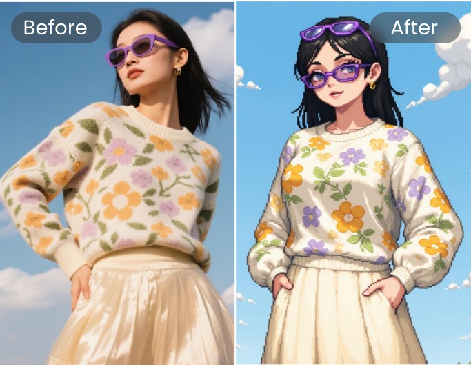 Pixel art anime before and after comparison on a woman