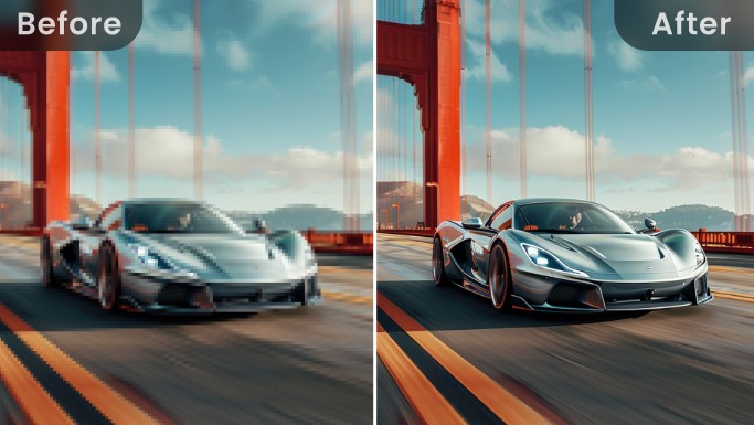 Pixelación de un coche en un puente antes y después de la mejora