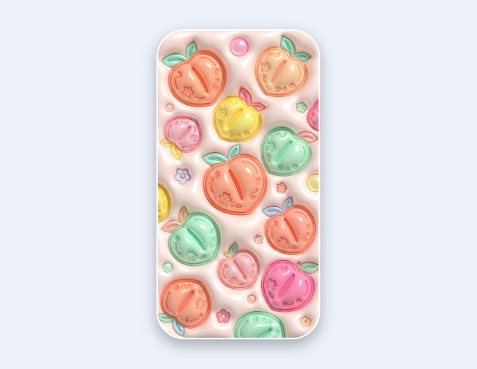 ぷっくりとした3D効果の桃と花があしらわれたかわいいおしゃれなスマホケース