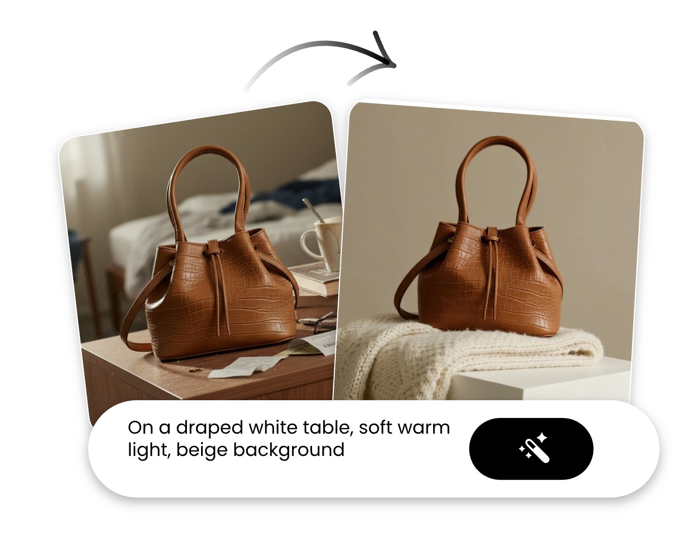 the before and after effect of using fotor's ai background generator to create backdrop for a bag product photo from text