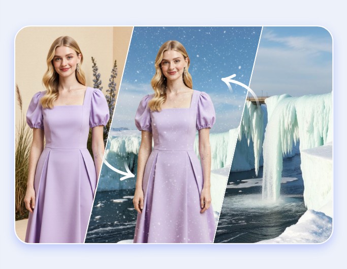 Put two images together featuring background swap for a woman portrait