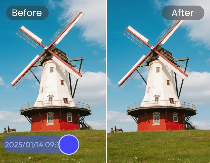 Remove a timestamp from a windmill scenery photo