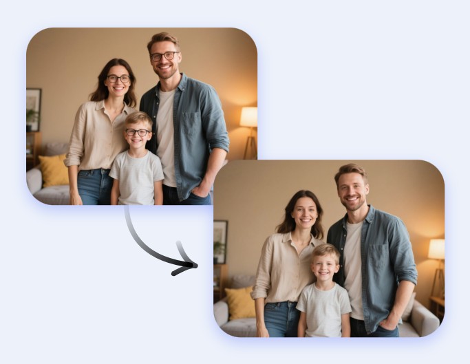 Brille aus dem Bild für klare Familiefotos mit Fotor KI-Agent entfernen