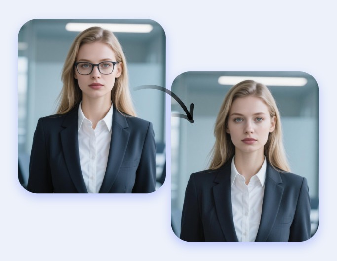 Remove glasses from a photo of a lady in a professional suit
