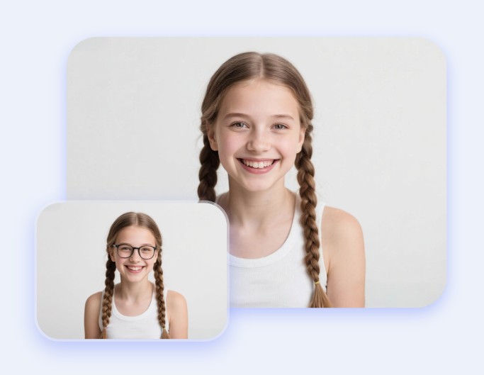 Remove glasses from a photo of a little girl and use it as her id photo