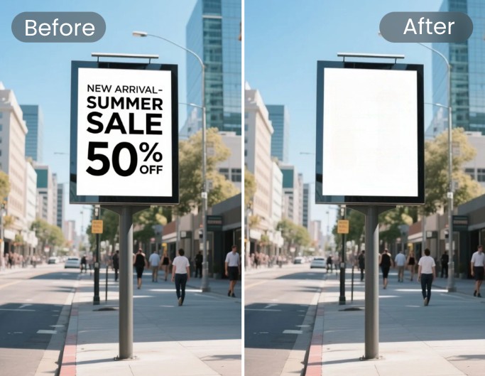 Clear an outdoor billboard or ad board by removing outdated signs and blending the background seamlessly