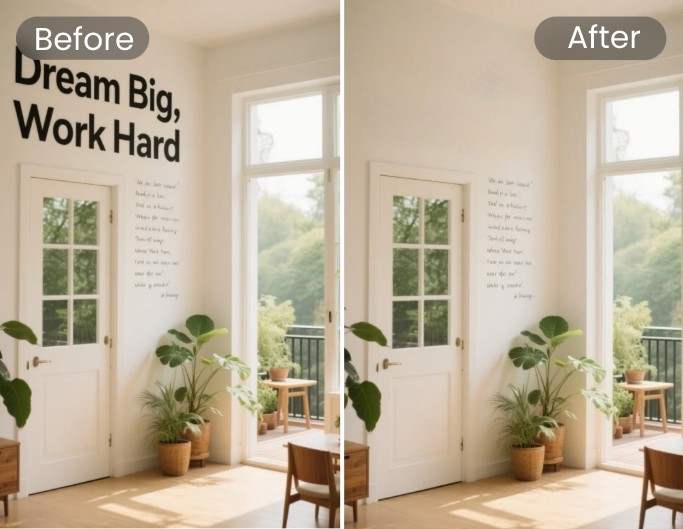 Wipe out text from house decor photos to visualize clean interior design and wall textures