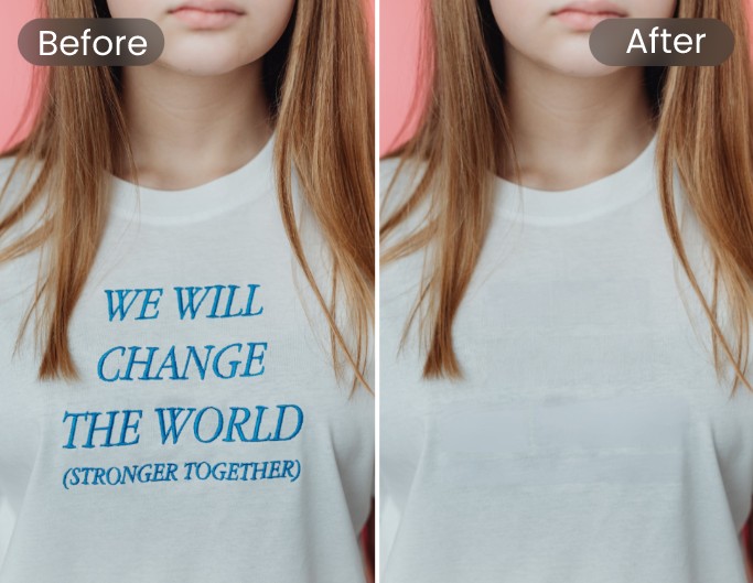 AI text removal from a white shirt, seamlessly restoring fabric texture without stains