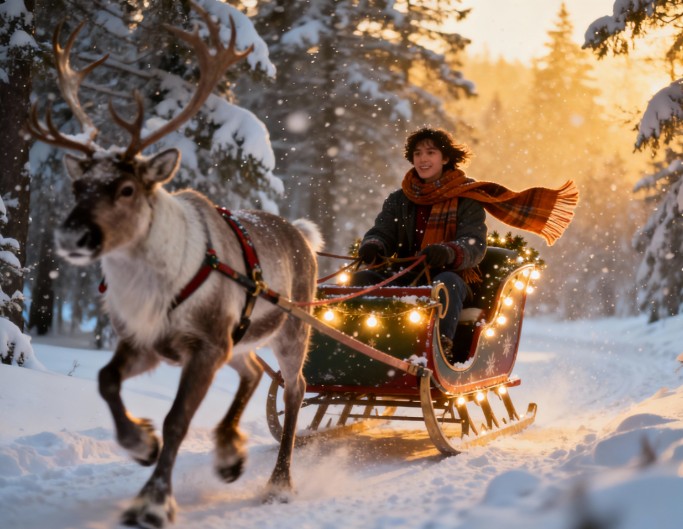Ein Junge reitet im Schlitten des Weihnachtsmanns