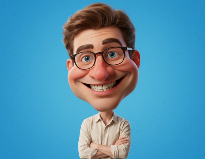 The 3d cartoon style caricature of a man with glasses