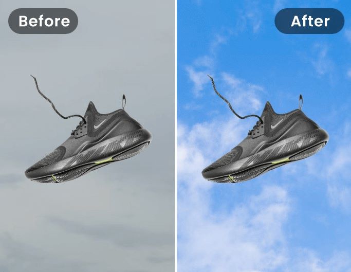 Vorher Nachher Effekt beim Ersetzen des Himmels über einem schwarzen Schuh