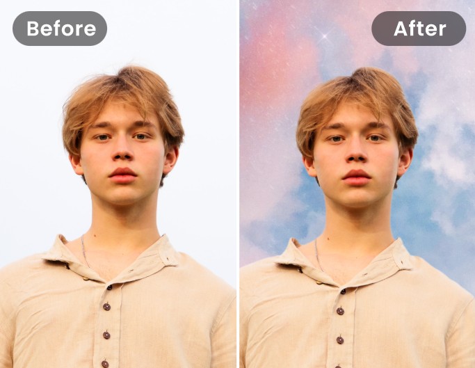 Vorher Nachher Effekt beim Ersetzen des Himmels über einem Jungen
