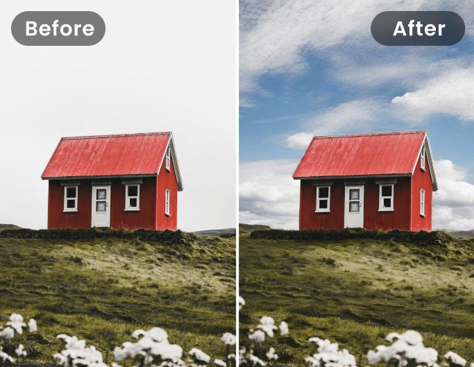 Vorher Nachher Effekt beim Ersetzen des Himmels über einer roten Hütte