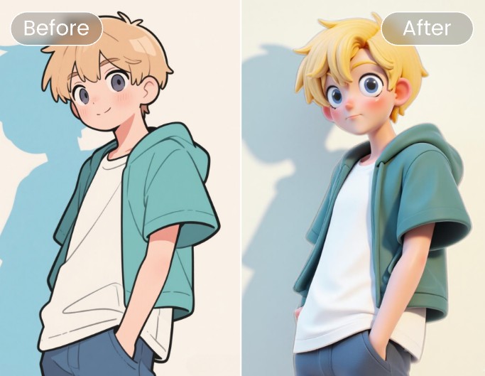 The before and after effect reveal od turning a boy into 3 D style