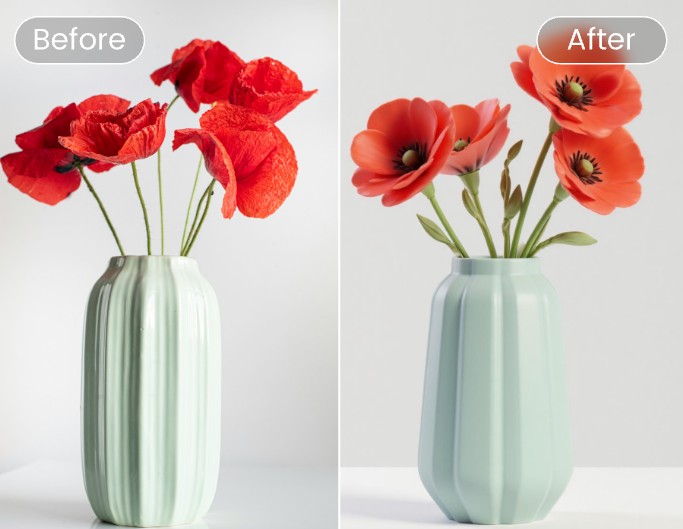 The before and after effect reveal of turning a flower image into 3 D style