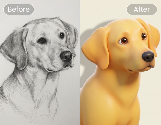 The before and after effect reveal of turning a sketch of a dog into 3 D style
