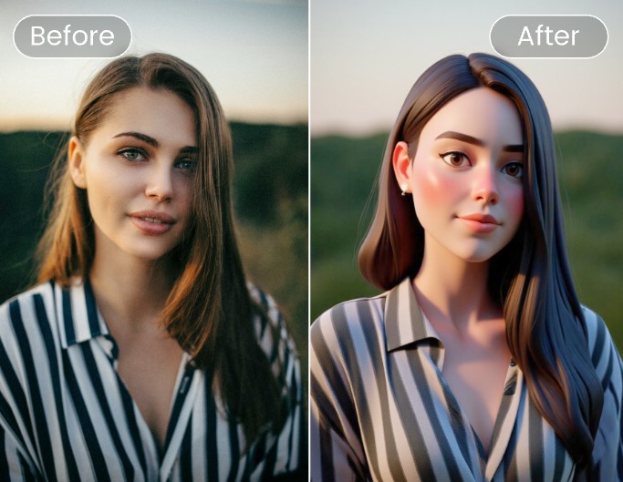The before and after effect reveal of turning a womas portrait into 3 D style