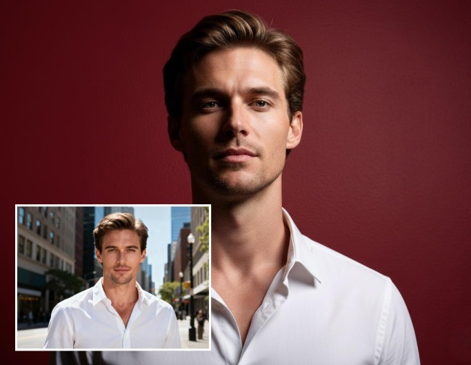 Transform a selfie of a man into a cinematic portrait with strong contrast