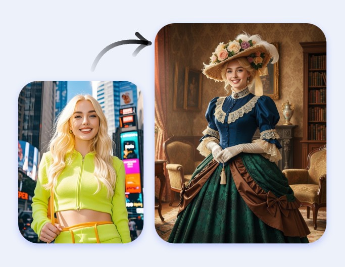 Transform a woman picture into victorian era style with fotor ai time machine