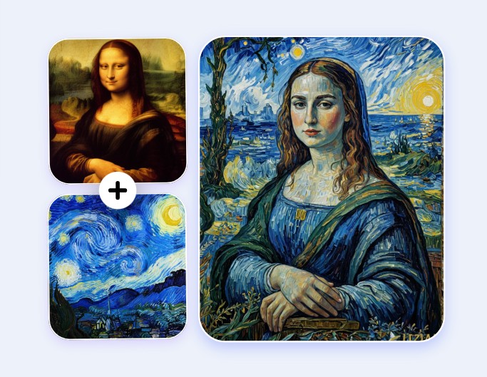 Transform art styles feauring combining mona lisa with starry night