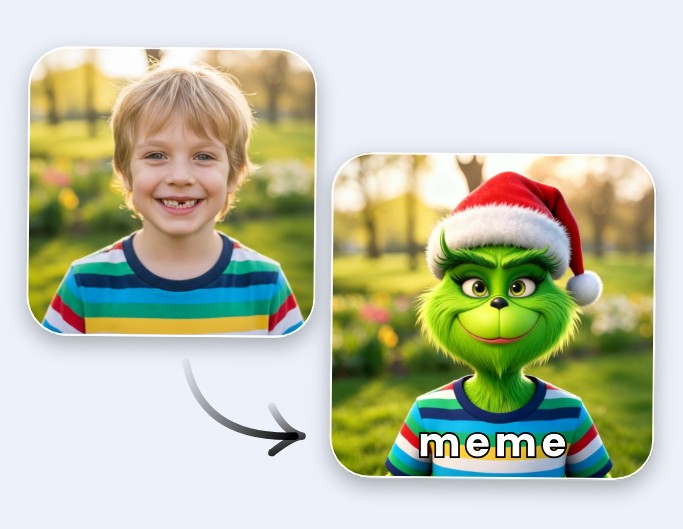 Turn a child photo into a grinch image and make a meme from it