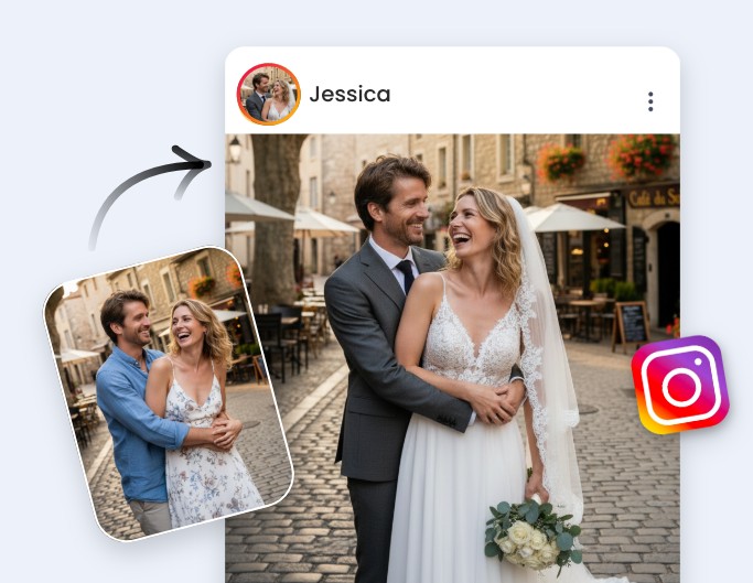 Turn a couple photo into an ai wedding photo and share it on social media