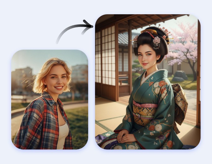 Turn a girl with blonde hair into a japanese woman in a tatami room