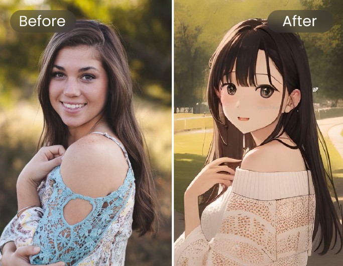 Uzun saçlı bir bayanı fotor ai art efekti ile anime sanatına dönüştürün