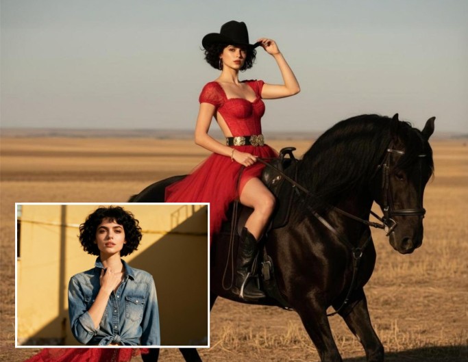 Turn an image of a woman with curly hair into a portrait where she is riding a black horse