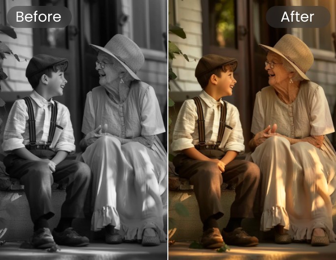 Turn an old bw photo of a family portrait into lifelike colors