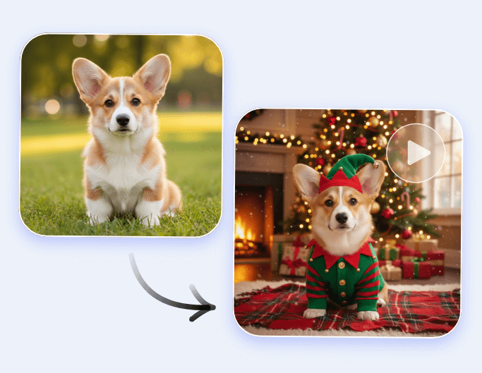 Turn the dog portrait into a dancing elf