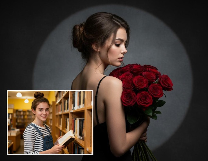 Turn the picture of a girl holding a book into a portrait of her holding roses