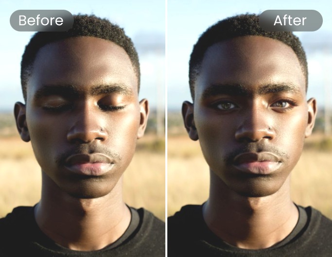 Use fotor ai eye opener to make the eyes of a black open in a photo